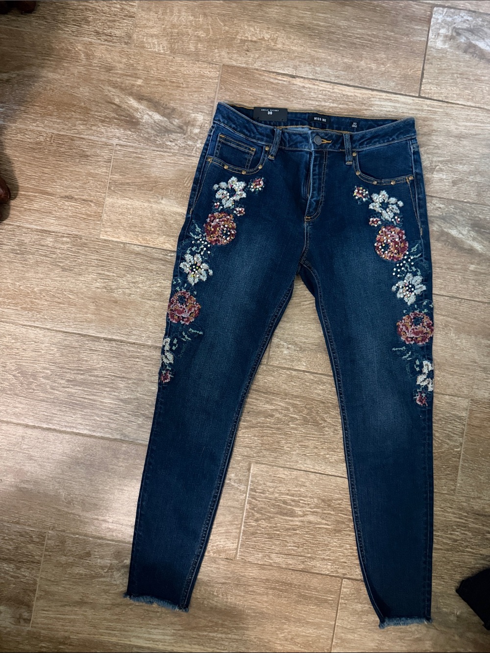 Miss Me Dark Blue Skinny Jeans with Floral Embroidery high rise